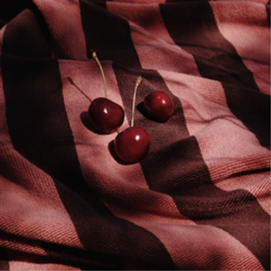 Three cherries on a textured red and brown fabric surface
